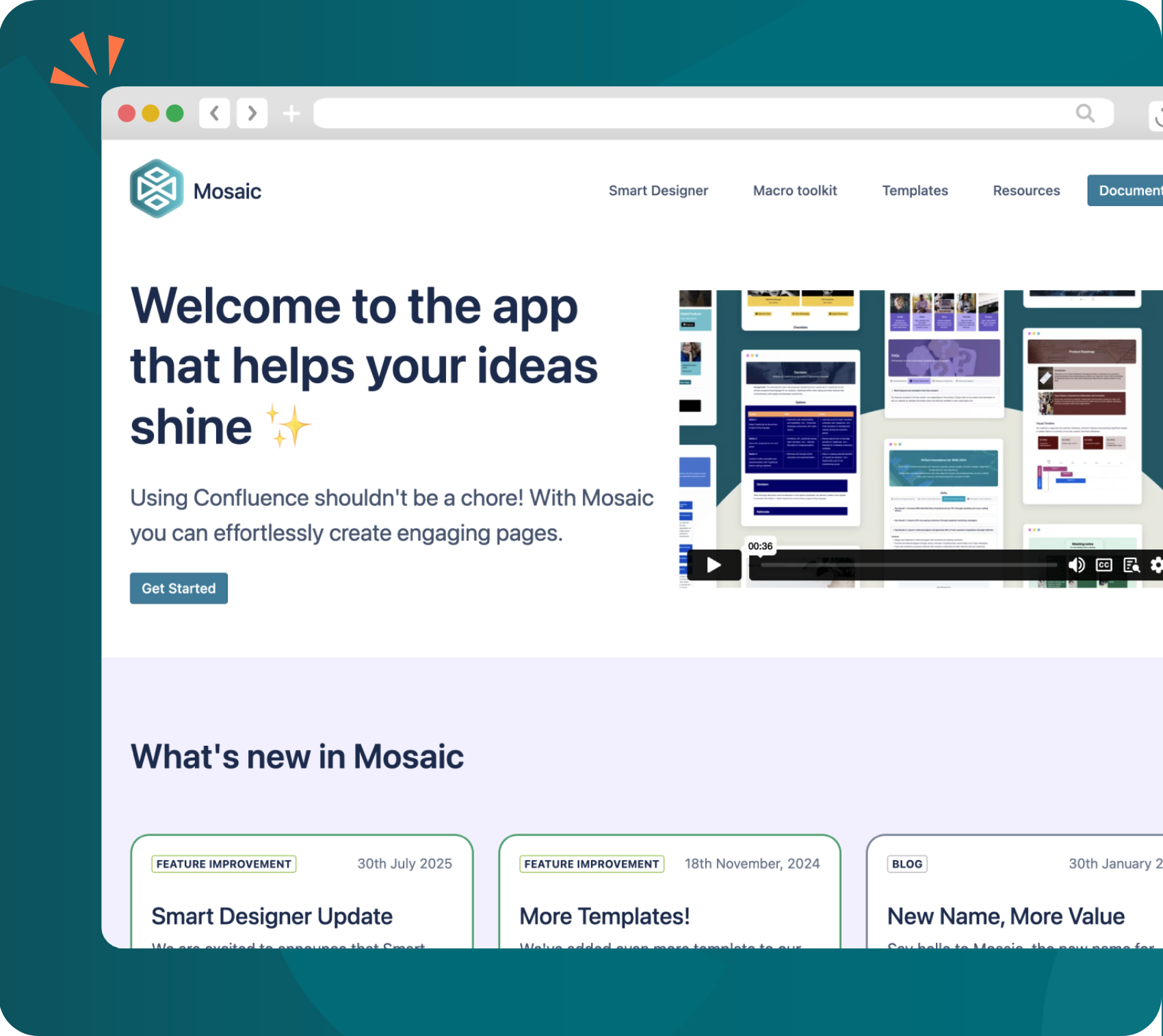 Screenshot of the Mosaic homepage in Confluence welcoming users