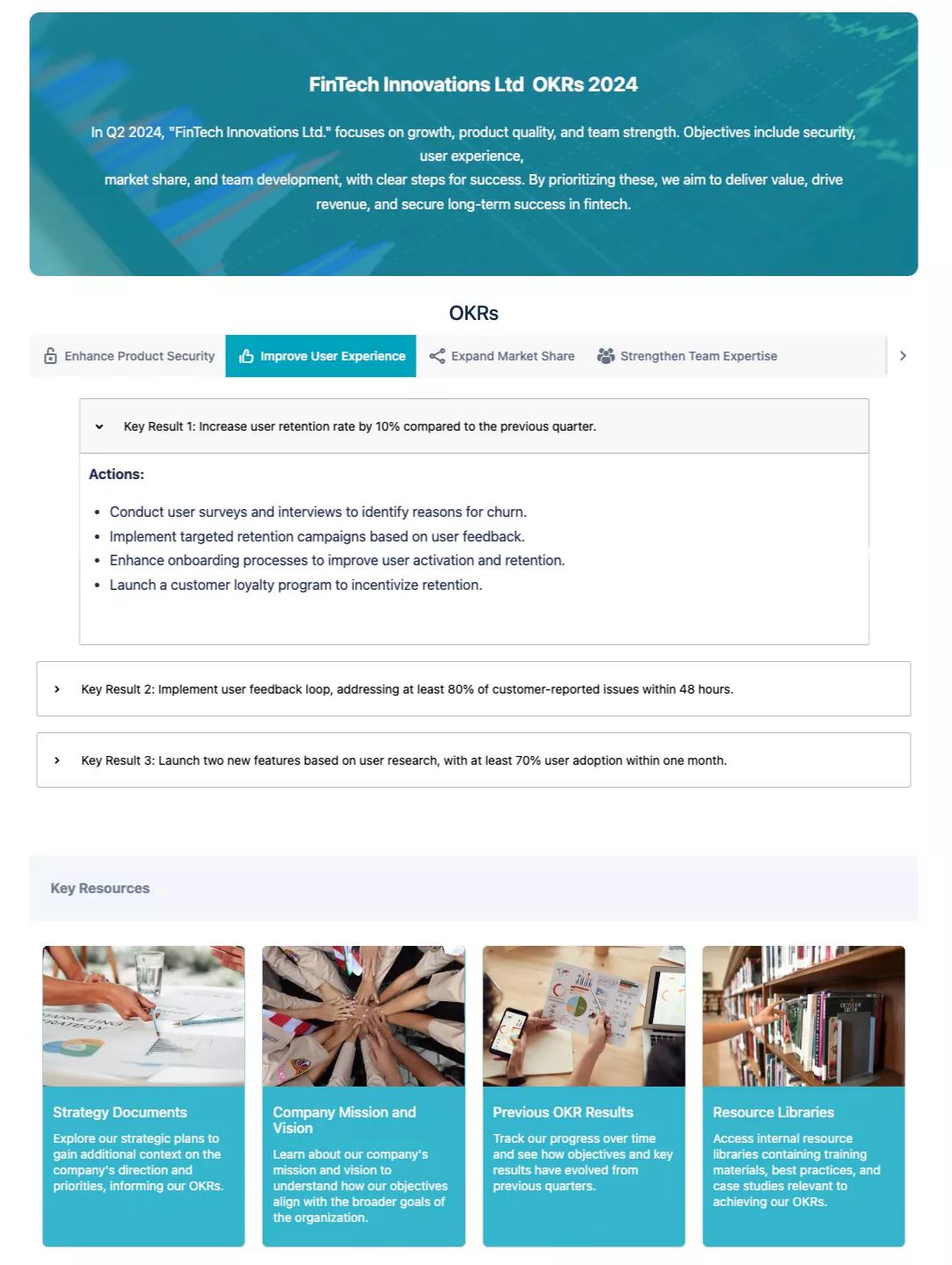 A screenshot of the full OKRs template, showing a clear layout of OKRs and key resources.