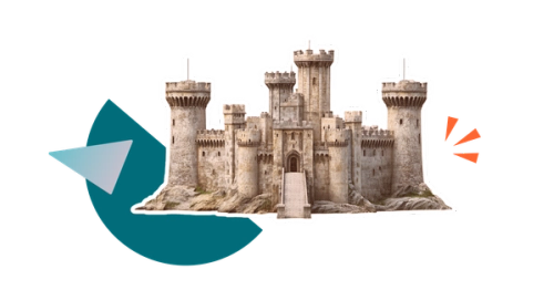 Stylised image of an old castle surrounded by colourful shapes