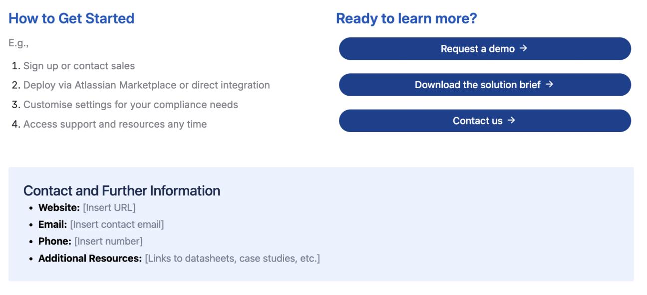 The bottom of the one-pager showing three subheadings, including 'Ready to learn more?' with calls to action in buttons.