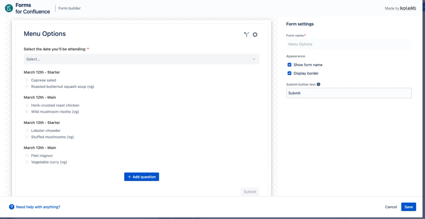 The Forms for Confluence editor with a date dropdown question and four menu option questions