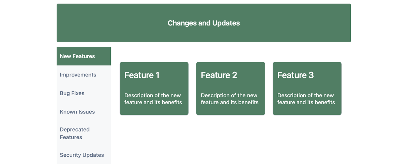 Three greeb cards showing different features embedded in a vertically tabbed container