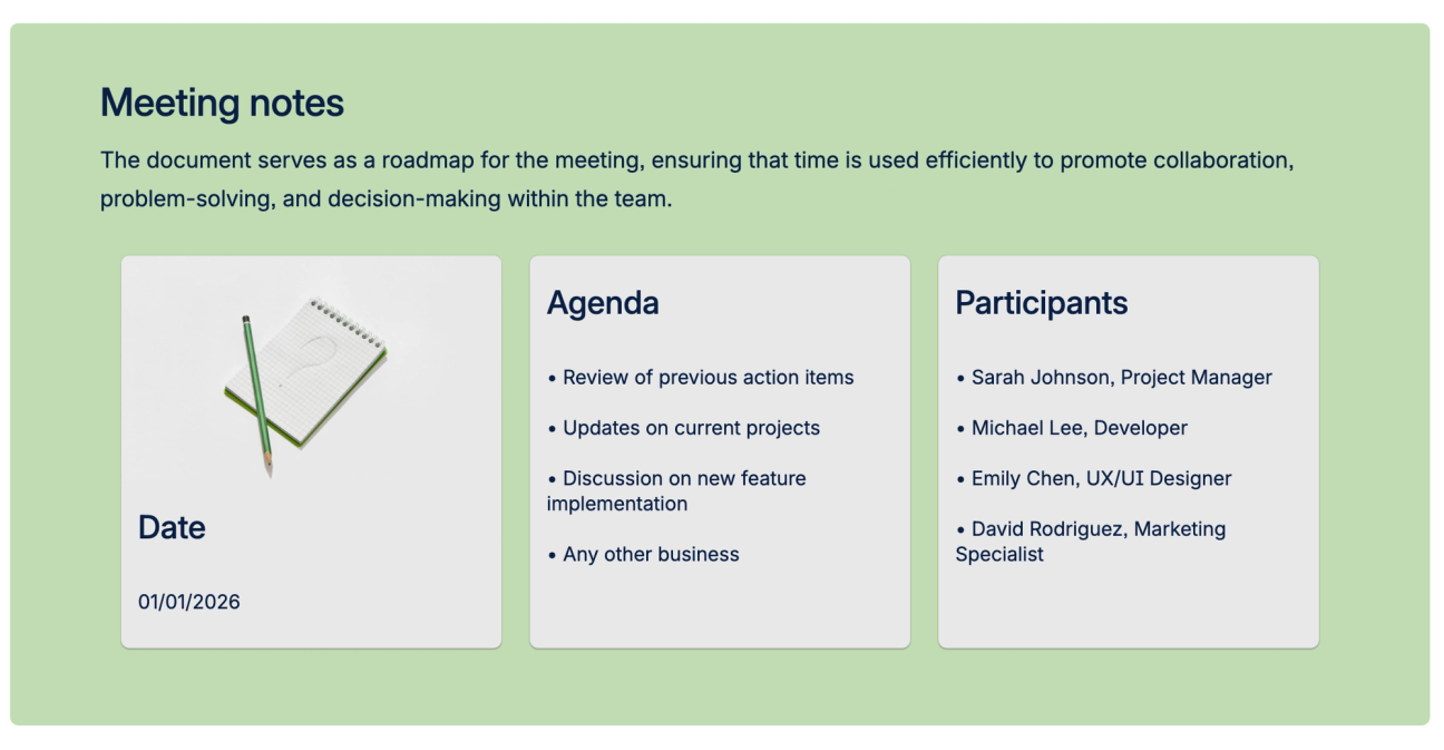 Screenshot of the first portion of the Meeting Notes Template for Confluence, showing the date, agenda, and participants in Advanced Cards
