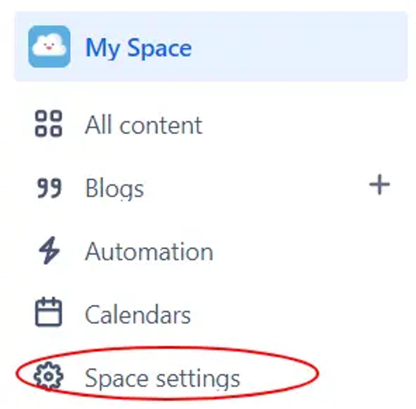 Screenshot of the Space settings option in the Confluence My Space sidebar