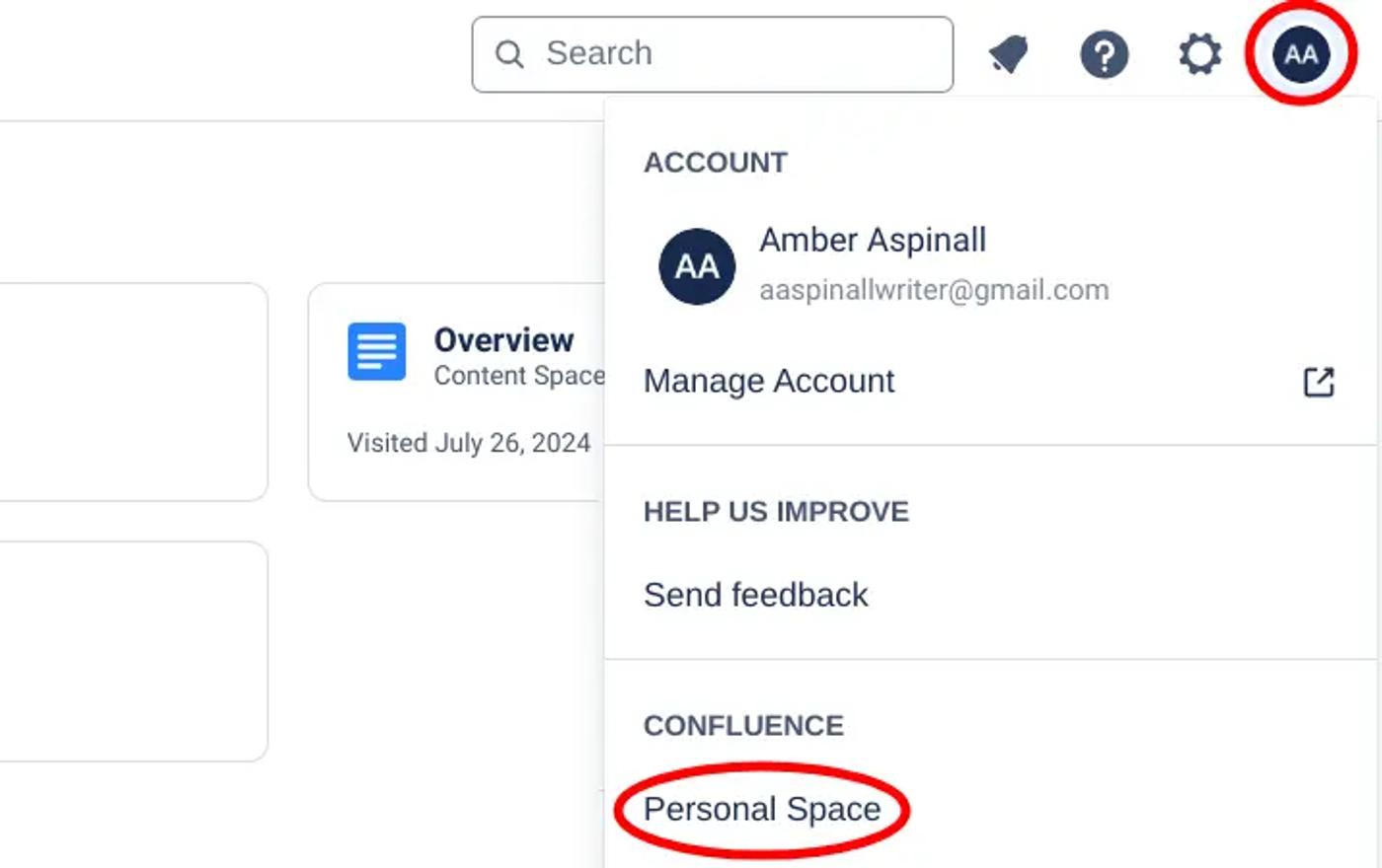 A screenshot of the Confluence account dropdown menu with Personal Space highlighted