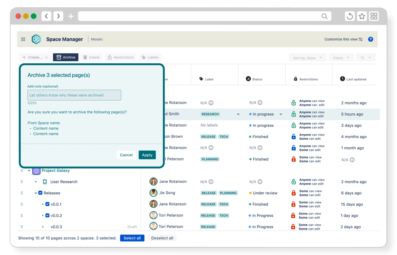 Rendering showing Space Manager's content management dashboard in Confluence with an overlay showing the bulk archive function