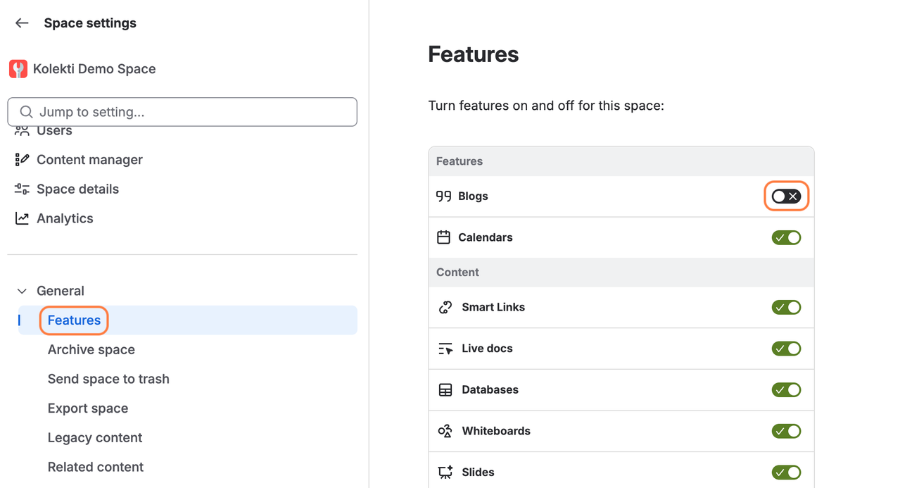 Screenshot of a Confluence “Space settings” page for “Kolekti Demo Space”. The left sidebar shows a search field, navigation items such as Users, Content manager, Space details, and Analytics, and a “General” section with “Features” selected. The main panel is titled “Features” and shows a list of space features with on/off toggles: Blogs is switched off, while Calendars, Smart Links, Live docs, Databases, Whiteboards, and Slides are switched on.