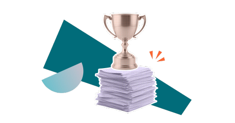 A gleaming trophy on top of a pile of documentation on a stylised background