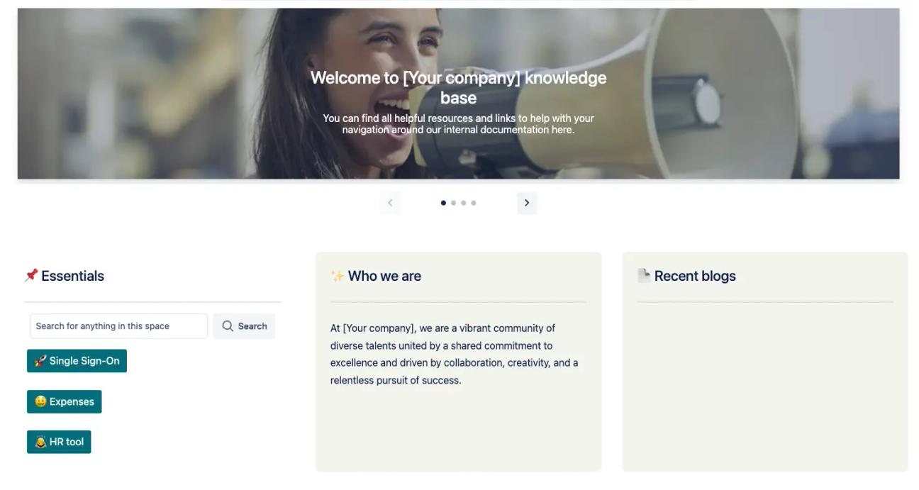 A Confluence company hub template with sections for links and blog posts