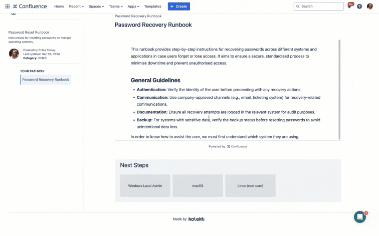 A GIF of a user clicking through steps in a Confluence ITSM runbook