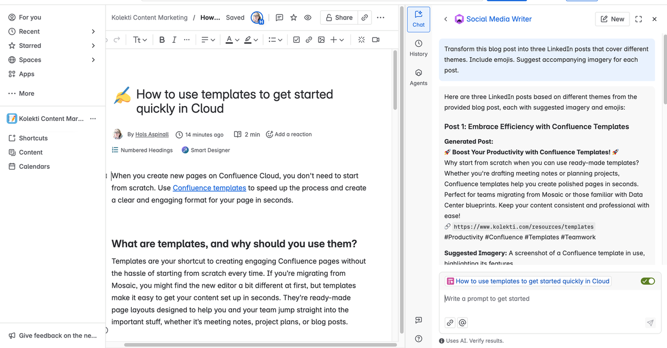 Screenshot of a Confluence page with a chat interface of a social media writer AI agent