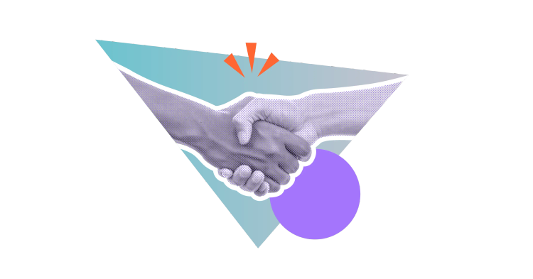 Shaking hands in front of a blue triangle