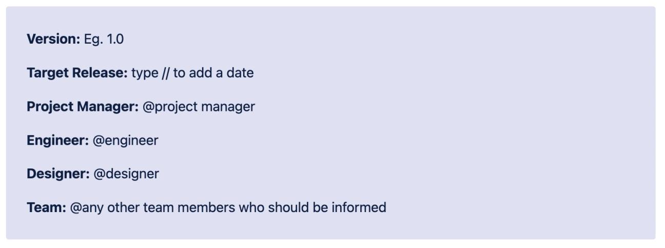 The overview section of the Product Requirements Document Template for Confluence