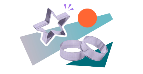 A silver star and two silver rings on a colourful, stylised background