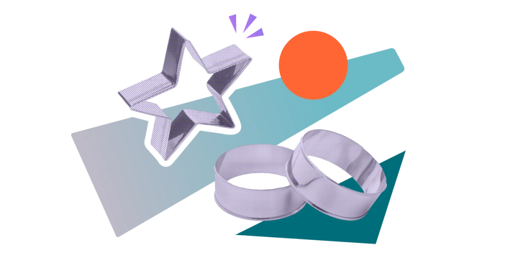 A silver star and two silver rings on a colourful, stylised background