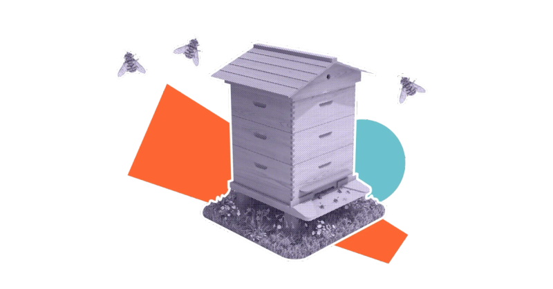 Three black-and-white bees buzz around a beehive on a stylised background