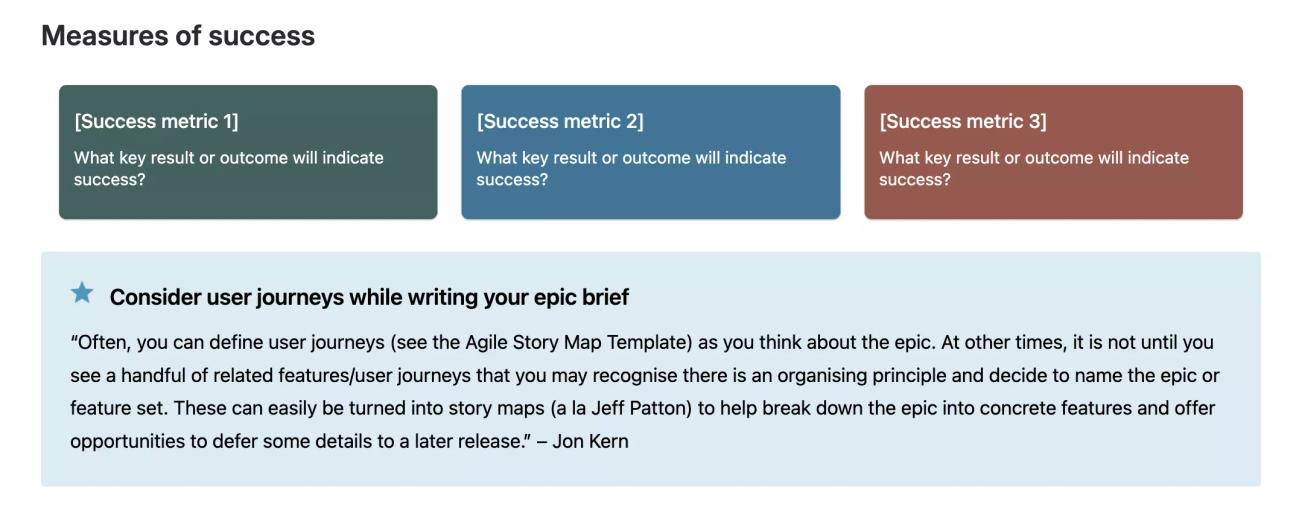 A screenshot of the 'Measures of success' section of the Agile Epic Brief Template for Confluence