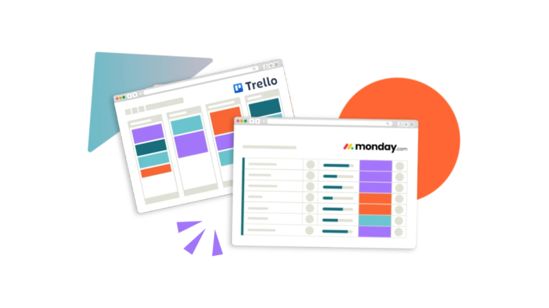 Two browser windows showing a Trello board and a monday.com board