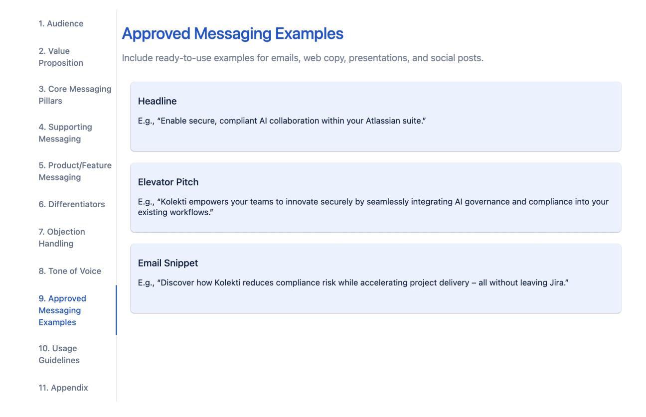 The 'Approved Messaging Examples' tab, showing three cards titled 'Headline,' 'Elevator Pitch,' and 'Email Snippet' with examples in each.