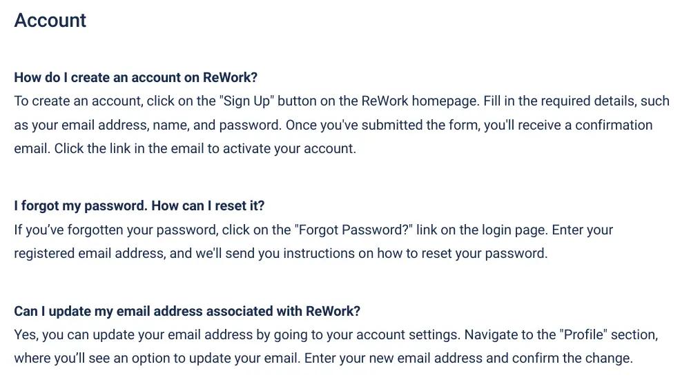 An FAQ page with questions on Account usage