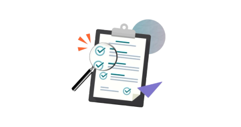 A magnifying glass highlighting two green ticks on a survey attached to a clipboard