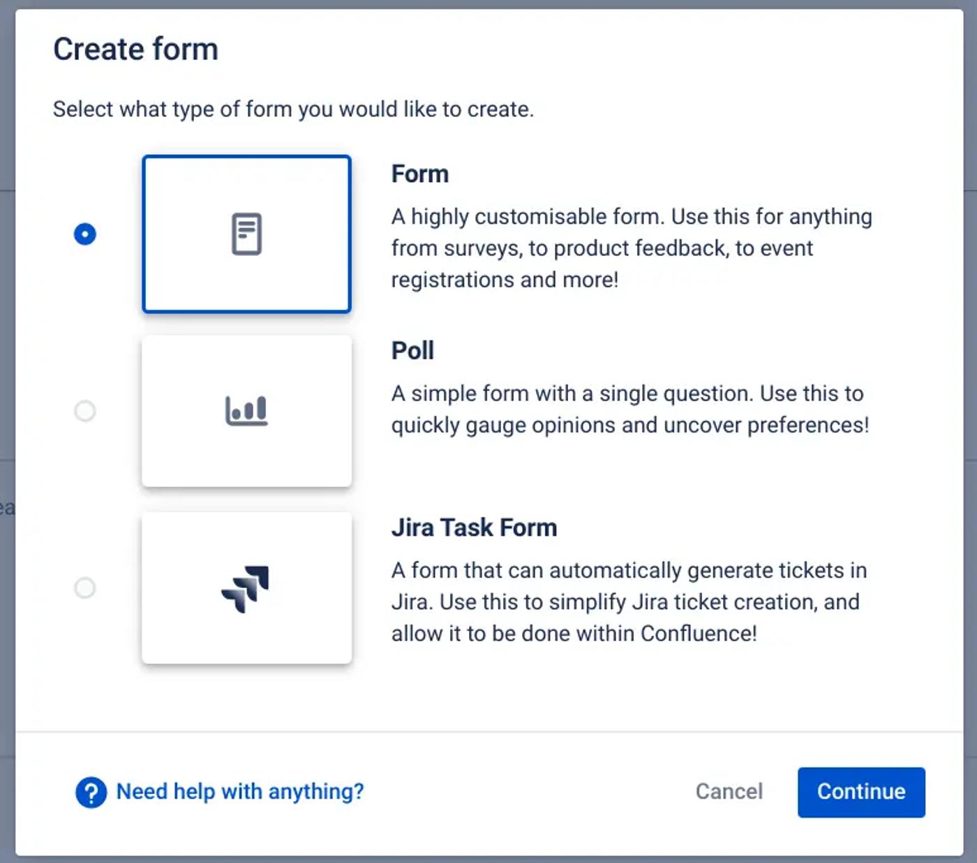 The Create form window in Confluence with 'Form' selected