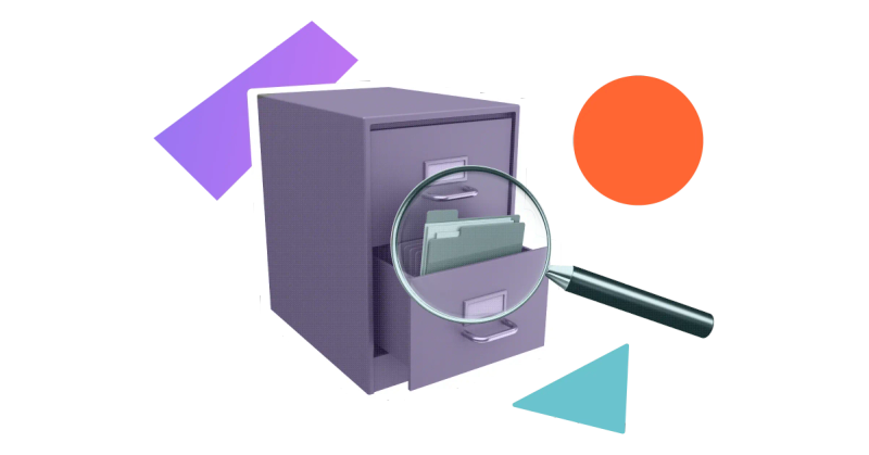 A magnifying glass highlighting a grey file protruding from the open drawer of a filing cabinet