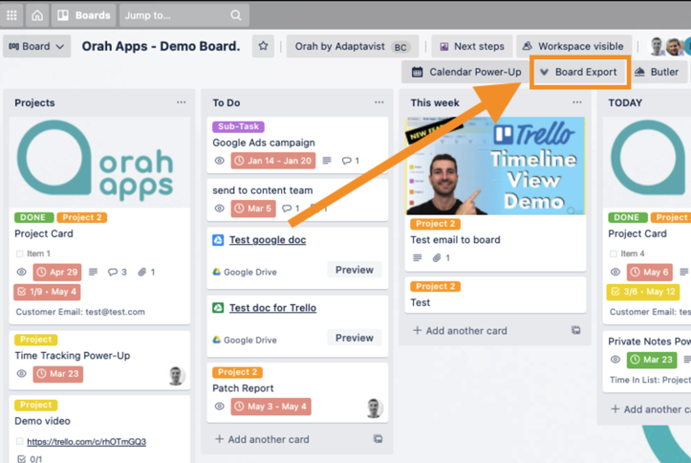 A screenshot of a Trello board with an arrow pointing to the Board Export button