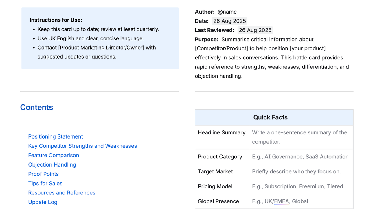 A Confluence page split into four sections using horizontal dividers and column layouts, including a links list and a table