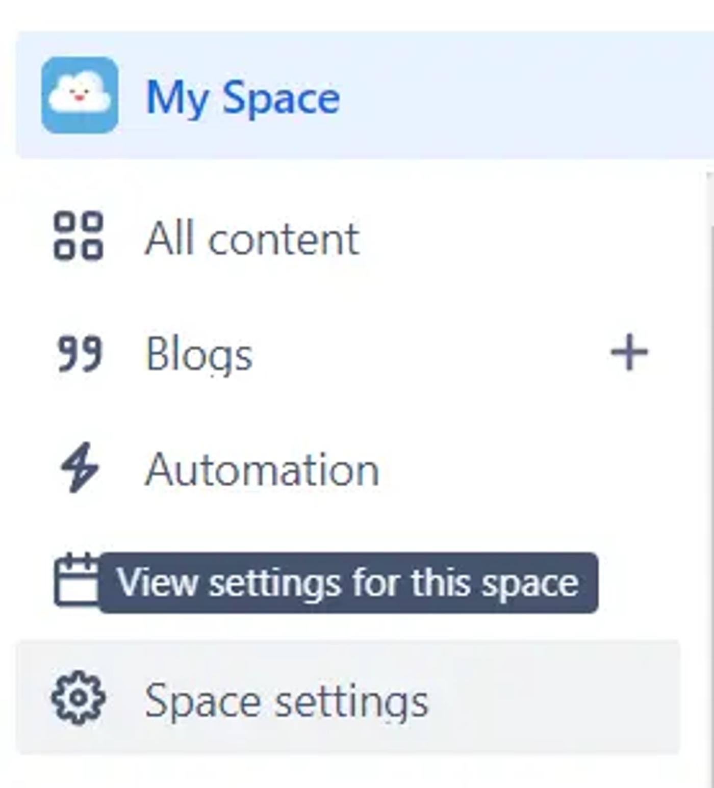 The Space settings sidebar in the Confluence sidebar