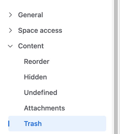 A menu bar in Confluence Cloud with the Trash option higlighted