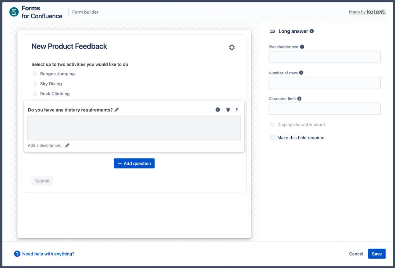 Screenshot of a forms editor screen in Confluence Cloud