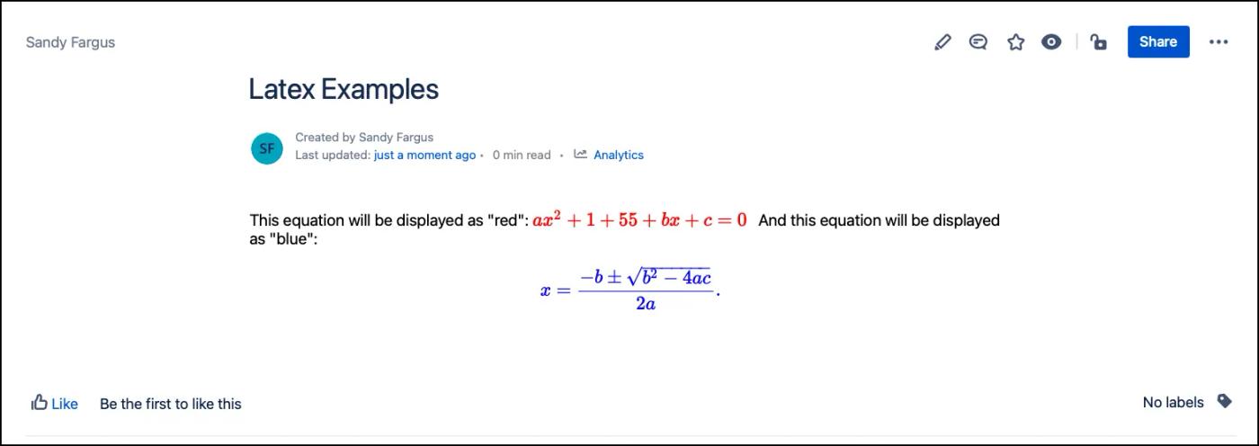 A published Confluence page featuring LaTeX formulas highlighted in red and blue