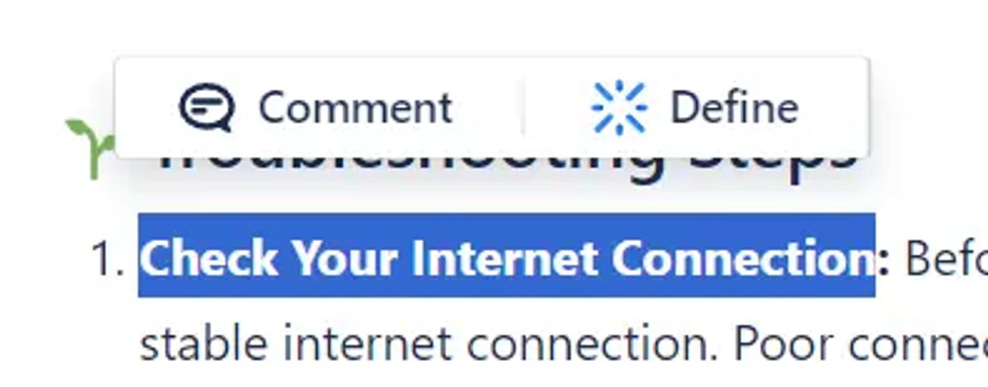 A screenshot of a user highlighting text on a Confluence page. Above the text there is a comment button