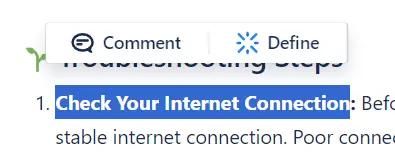 A screenshot of a user highlighting text on a Confluence page. Above the text there is a comment button