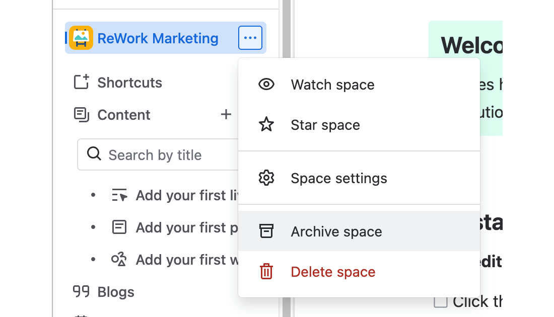 The Confluence space dropdown showing options to archive and delete a space