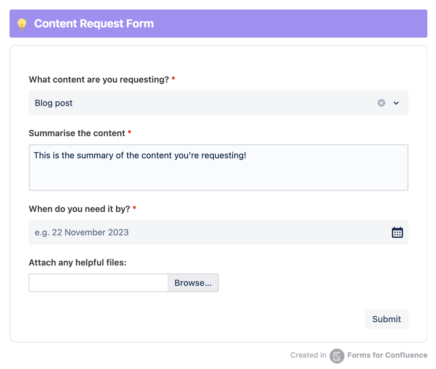 A content request form to submit on a Confluence team page