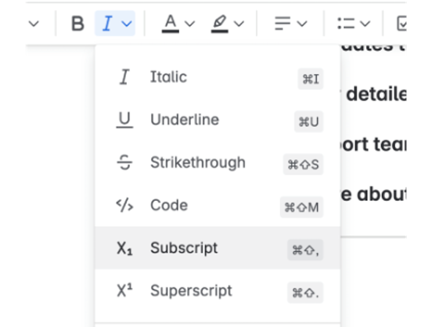 A dropdown list on Confluence Cloud's page editor toolbar showing text formatting options