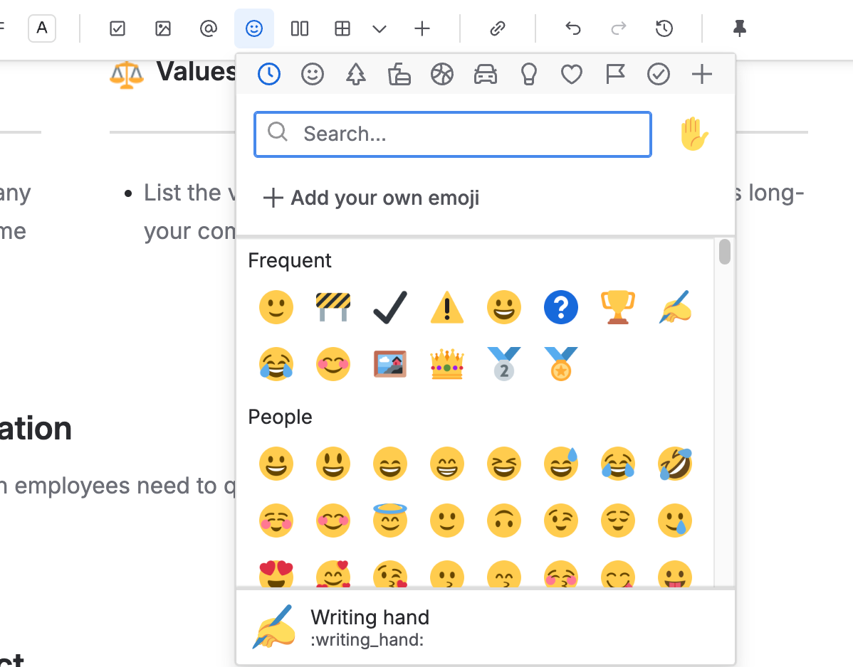 A screenshot showing the emoji list open in a Confluence page