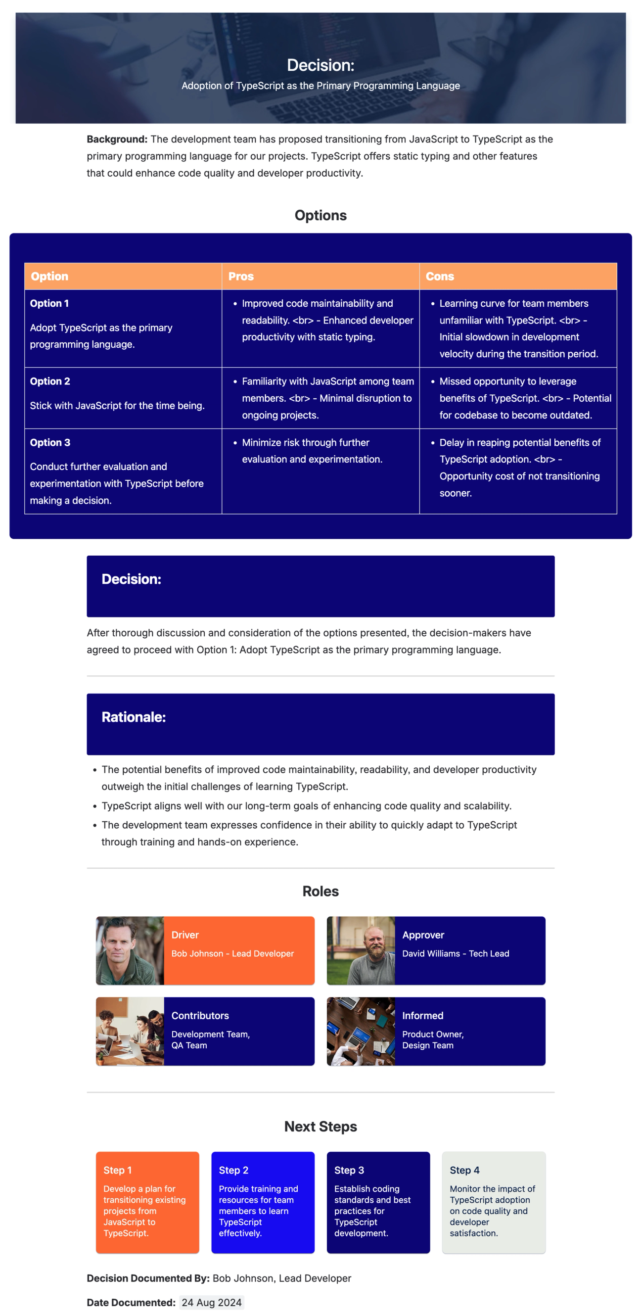 Screenshot of the Confluence DACI template with a table outlining decision options and cards showing stakeholder roles and next steps