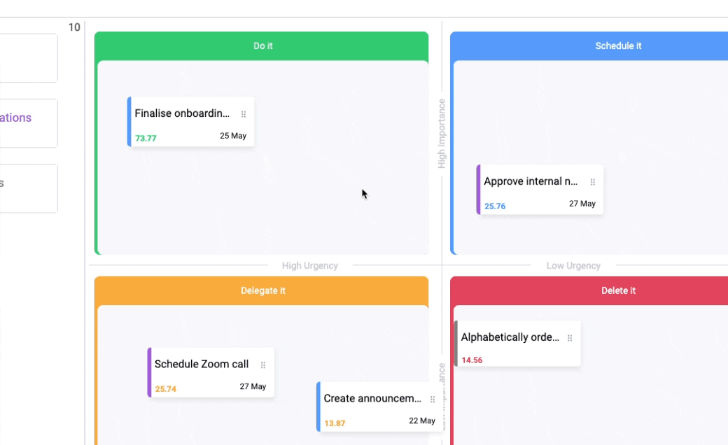 A gif showing a new monday.com item being added to a priority matrix