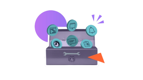 An open toolbox with icons – such as an alarm, comment bubble and clipboard – leaping out