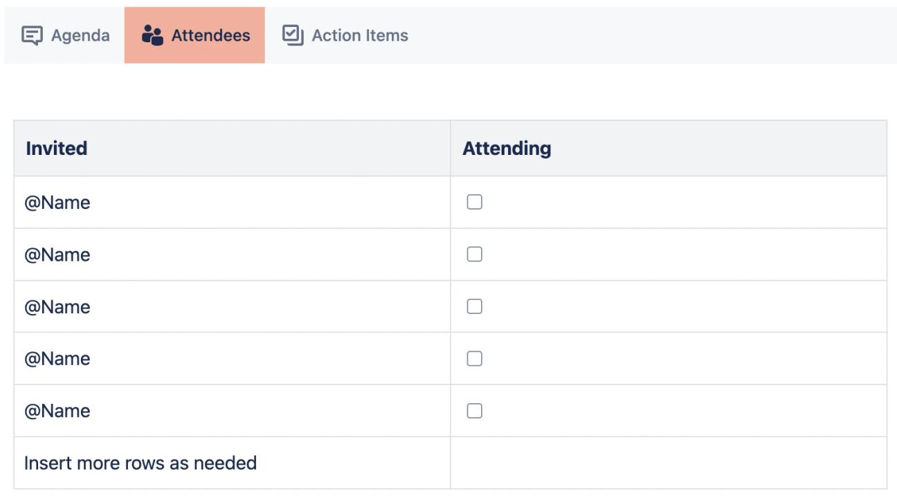 The attendees section of the Weekly Meeting Notes Template for Confluence.