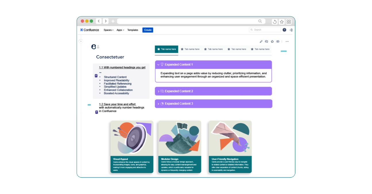 A screenshot of a Confluence Cloud page containing purple collapsible sections, a grey sidebar, and three teal cards in a row