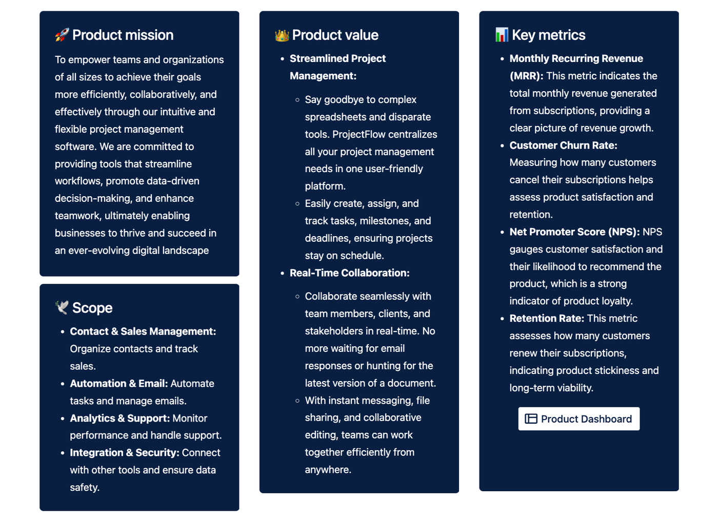 Sections of a Confluence product plan listing the product mission, scope, value, and key metrics