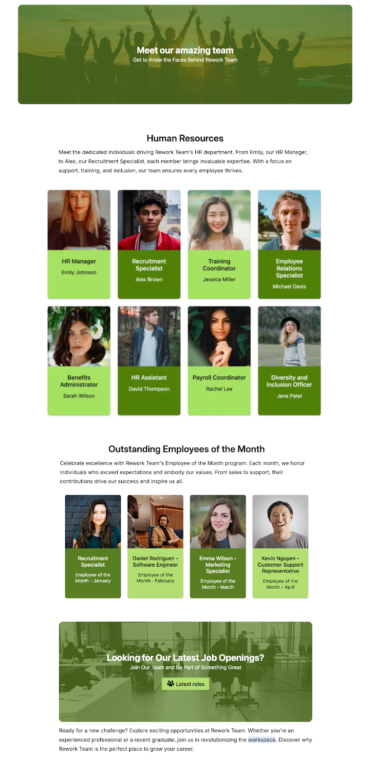 Screenshot of a Confluence user profiles template with cards showing faces, names, and roles of team members