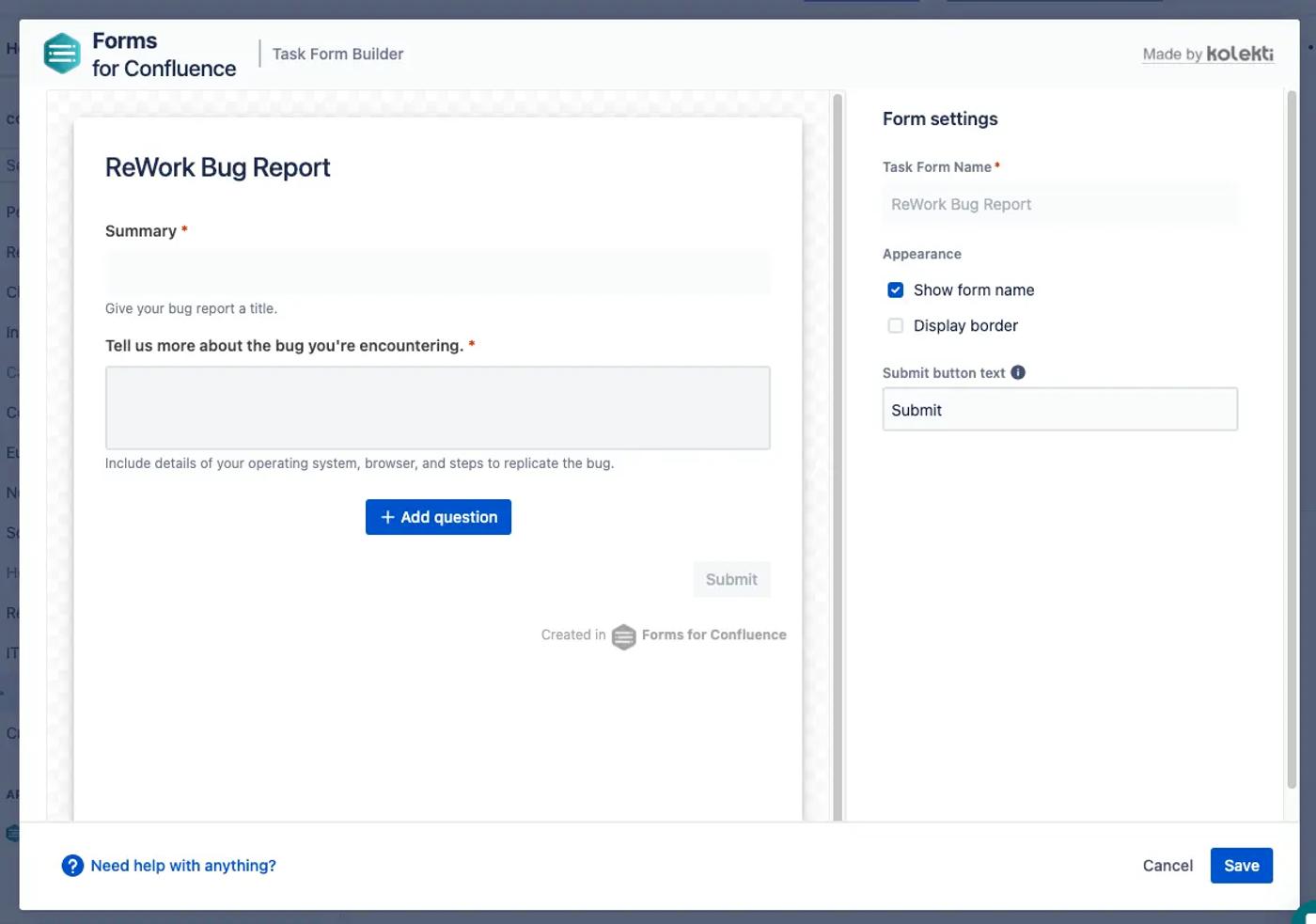 The Forms for Confluence form editor with a preview of a Jira Task form