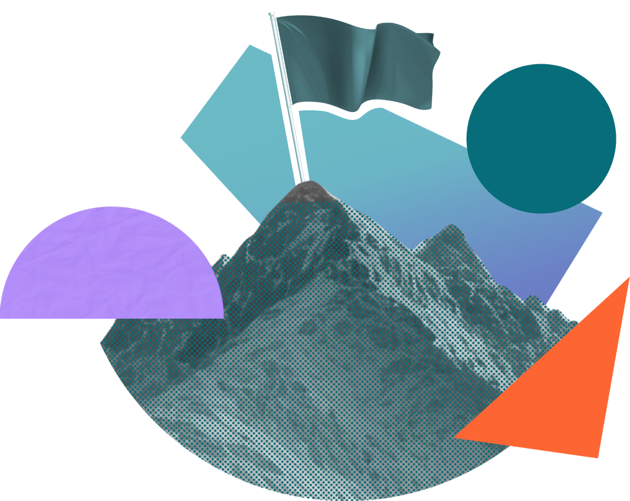 A mountain range with a flag at the top
