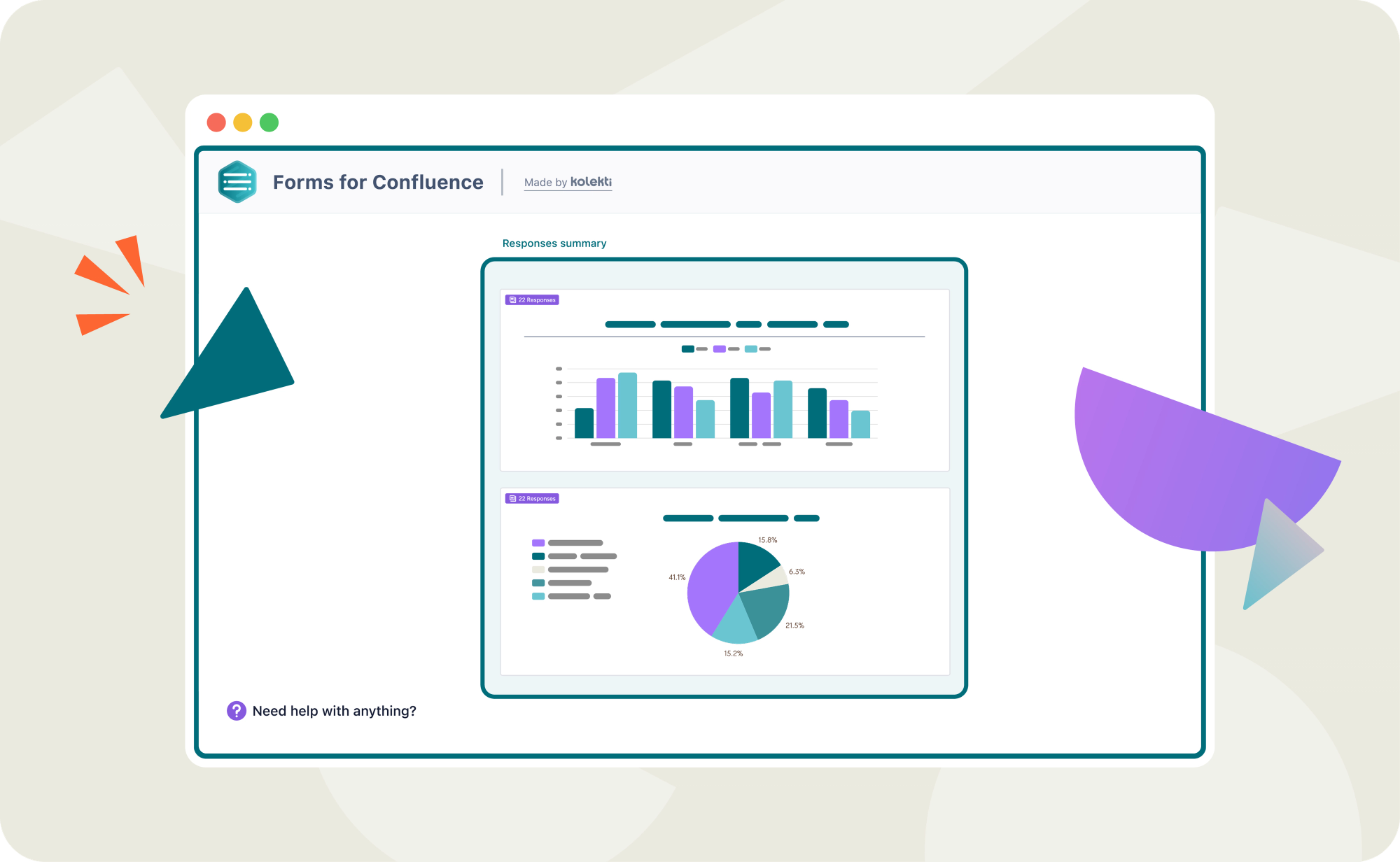 The analytics view in Forms for Confluence showing a form response summary with bar and pie charts to visualise data.