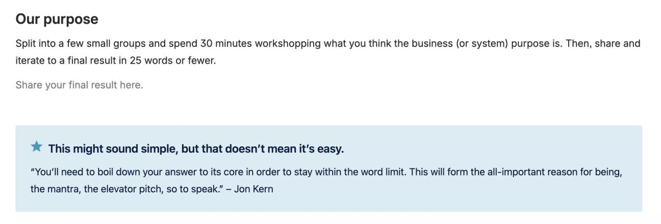 A screenshot of the statement of purpose section of the Agile Vision Statement Template, including a tip from Jon Kern